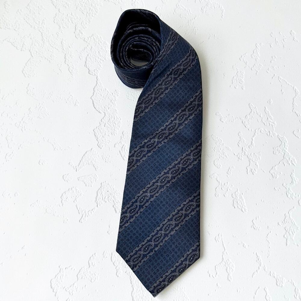 Yves Saint Laurent Cravates Silk Necktie YSL Vintage 90s Navy Chain Link Stripe